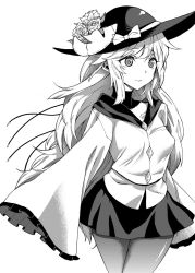 Rule 34 | 1girl, alternate hairstyle, bad id, bad twitter id, blouse, bow, breasts, broken mask, choker, collarbone, flower, frilled sleeves, frills, fuantei, greyscale, hat, hat bow, hat flower, hat ornament, hat ribbon, komeiji koishi, long hair, long sleeves, mask, miniskirt, monochrome, pantyhose, ribbon, shirt, skirt, sleeves past wrists, small breasts, smile, solo, touhou, very long hair