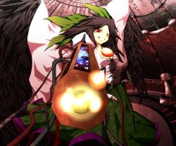 Rule 34 | 1girl, absurdres, aiming, aiming at viewer, alternate weapon, arm cannon, bad id, bad pixiv id, black hair, cape, female focus, highres, long hair, red eyes, reiuji utsuho, solo, sudou noboru, third eye, touhou, weapon, wings