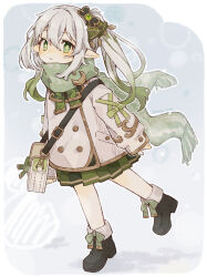 Rule 34 | 1girl, bag, bow, child, coat, cross-laced clothes, cross-laced sleeves, cross-shaped pupils, genshin impact, gradient hair, green bow, green eyes, green hair, green scarf, green skirt, hair between eyes, highres, komerina, long hair, multicolored hair, nahida (genshin impact), pleated skirt, pointy ears, satchel, scarf, shoulder bag, side ponytail, skirt, solo, standing, standing on one leg, symbol-shaped pupils, white coat, white hair