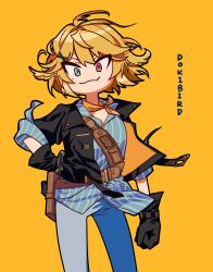 Rule 34 | 1girl, aqua shirt, belt, black gloves, black jacket, blonde hair, blue eyes, character name, closed mouth, cowboy shot, dokibird (vtuber), dokibird (vtuber) (bounty hunter), gloves, grey pants, heterochromia, highres, holster, indie virtual youtuber, jacket, looking at viewer, neckerchief, open clothes, open jacket, orange neckerchief, pants, red eyes, shirt, short hair, simple background, smile, solo, untucked shirt, usual (usual 1200), virtual youtuber, yellow background