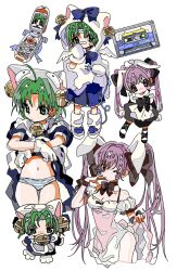 Rule 34 | 2girls, ahoge, animal ears, animal hood, apron, bandaid, bandaid on face, bare shoulders, bell, black bow, black bowtie, black dress, blue dress, blue skirt, blush stickers, bow, bowtie, cable, cassette tape, cat ears, cat hood, cellphone, chibi, clothes lift, dejiko, di gi charat, dress, dress lift, fake animal ears, flip phone, gloves, green eyes, green hair, hair bell, hair bow, hair ornament, highres, hood, hood up, maid, midriff, multiple girls, one eye closed, panties, parted bangs, phone, pink eyes, pink hair, rabbit ears, riiverr, short hair, skirt, striped clothes, striped panties, twintails, underwear, usada hikaru, white apron, white background, white footwear, white gloves, white wings, wings