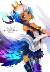 Rule 34 | 10s, 1girl, 2011, armor, armored dress, bare shoulders, blue eyes, blush, boots, breasts, choker, cleavage, copyright name, crown, dark-skinned female, dark skin, dated, detached sleeves, dress, elbow gloves, feathers, gloves, greaves, gwendolyn (odin sphere), hair bun, jairou, lips, multicolored wings, odin sphere, polearm, short hair, single hair bun, skirt, small breasts, solo, spear, thigh boots, thighhighs, typo, weapon, white hair, wings