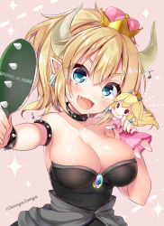 Rule 34 | 1girl, :d, black dress, blonde hair, blue eyes, bowsette, bracelet, breasts, brown background, character doll, cleavage, collar, collarbone, commentary request, crown, dress, earrings, eighth note, fang, hair between eyes, hand mirror, head tilt, highres, holding, holding mirror, horns, jewelry, komiya hitoma, large breasts, long hair, mario (series), mini crown, mirror, musical note, new super mario bros. u deluxe, nintendo, open mouth, outstretched arm, pointy ears, princess peach, romaji text, sharp teeth, smile, solo, sparkle, spiked bracelet, spiked collar, spikes, strapless, strapless dress, super crown, teeth, translation request, twitter username