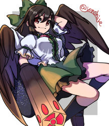 Rule 34 | 1girl, arm cannon, bird wings, black hair, black socks, black wings, bow, brown eyes, buttons, cape, center frills, closed mouth, collared shirt, commentary request, control rod, foot out of frame, frilled shirt collar, frilled skirt, frills, green bow, green skirt, hair bow, highres, kneehighs, long hair, one-hour drawing challenge, ponytail, puffy short sleeves, puffy sleeves, radiation symbol, reiuji utsuho, renshirenji, shirt, short sleeves, simple background, skirt, smile, socks, starry sky print, third eye, touhou, weapon, white background, white cape, white shirt, wings