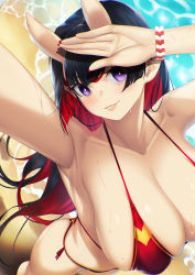Rule 34 | 1girl, arm up, armpits, ass, bare shoulders, beach, bikini, black hair, blueorca, blush, bracelet, breasts, bright pupils, caustics, character request, cleavage, collarbone, colored inner hair, covered erect nipples, day, feet out of frame, female focus, foreshortening, from above, hand on forehead, hand up, highres, horns, jewelry, large breasts, lips, long hair, mole, mole on breast, multicolored hair, nail polish, oni horns, outdoors, parted lips, purple eyes, red bikini, red hair, red nails, selfie, smile, solo, standing, swimsuit, very long hair, water, wet, white pupils