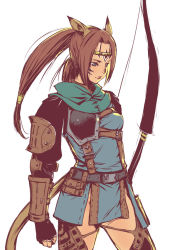 Rule 34 | 00s, 1girl, animal ears, armor, blue eyes, bow, bow (weapon), branch (blackrabbits), brown hair, cat ears, cat tail, final fantasy, final fantasy xi, mithra (ff11), no panties, perih vashai, ponytail, ranger, solo, tail, weapon