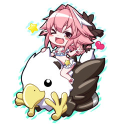Rule 34 | 1boy, absurdres, astolfo (fate), astolfo (sparkling frills) (fate), bikini, black bow, black ribbon, blush, blush stickers, bow, braid, chibi, fang, fate/apocrypha, fate/grand order, fate (series), griffin, hair between eyes, hair bow, hair intakes, hair ribbon, heart, highres, long hair, looking at viewer, male focus, multicolored hair, official alternate costume, one eye closed, open mouth, pink hair, ribbon, riding, sidelocks, single braid, smile, solo, streaked hair, swimsuit, takatun223, trap, white hair