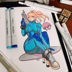 Rule 34 | 1girl, art tools in frame, blonde hair, blue bodysuit, blue eyes, bodysuit, breasts, commentary, crafting table (minecraft), crevettavt, dated, english commentary, eyelashes, floating, full body, gun, high heels, high ponytail, highres, holding, holding gun, holding weapon, large breasts, long hair, metroid, metroid (creature), nintendo, photo (medium), samus aran, simple background, sitting, traditional media, weapon, white background, zero suit