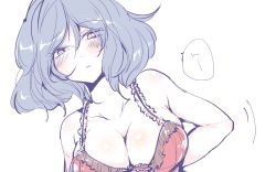 Rule 34 | 1girl, :d, adjusting bra, adjusting clothes, bad id, bad pixiv id, blue hair, blush, bra, breasts, collarbone, hair between eyes, kiguchiko, large breasts, lingerie, open mouth, parted lips, shiny skin, short hair, simple background, sketch, slit pupils, smile, solo, touhou, underwear, upper body, white background, yasaka kanako