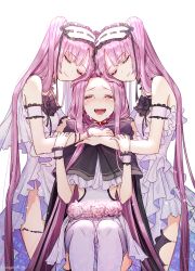 Rule 34 | 3girls, :d, armlet, bare shoulders, black cape, blush, cape, closed eyes, collar, crying, dress, ede, euryale (fate), fate/grand order, fate (series), flower, frilled hairband, frills, hairband, headdress, highres, lolita hairband, long hair, medusa (fate), medusa (lancer) (fate), medusa (rider) (fate), multiple girls, open mouth, purple hair, rider, siblings, sidelocks, sisters, sitting, smile, standing, stheno (fate), tears, thighlet, twintails, very long hair, white dress