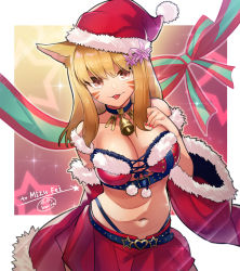 Rule 34 | 1girl, baniran dorosu, bare shoulders, bell, blonde hair, blush, breasts, brown eyes, choker, cleavage, closed mouth, collarbone, commission, detached sleeves, diamon, facial mark, hand on own chest, hat, highres, large breasts, looking at viewer, medium hair, nail polish, navel, neck bell, original, red hat, red nails, red skirt, santa costume, santa hat, second-party source, skeb commission, skirt, smile, solo, tongue, tongue out