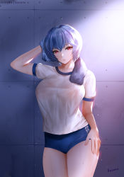 Rule 34 | 1girl, arm up, ayanami rei, blue hair, breasts, buruma, closed mouth, collarbone, curvy, easonx, gym shirt, hair between eyes, hand on own hip, highres, large breasts, light particles, lips, looking at viewer, neon genesis evangelion, patreon username, red eyes, shirt, short hair, short sleeves, sidelighting, signature, sportswear, sweat, sweaty clothes, thighs, towel, towel around neck, wall, wet, wet clothes, wet hair, wiping sweat