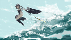 Rule 34 | 1girl, aqua hat, black one-piece swimsuit, black ribbon, competition swimsuit, garrison cap, gloves, grey hair, hair ornament, hair ribbon, hat, headgear, highleg, highleg swimsuit, jumping, kantai collection, long hair, multicolored clothes, multicolored swimsuit, neve (morris-minicooper), ocean, one-piece swimsuit, outdoors, ribbon, rigging, scamp (kancolle), short shorts, shorts, side ponytail, solo, star (symbol), star hair ornament, swimsuit, torpedo, waves, white gloves, white one-piece swimsuit, white shorts