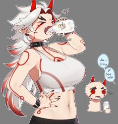 Rule 34 | &gt; &lt;, 1girl, arataki itto, bottle, breasts, collar, crop top, drinking, earrings, exchigen 10, fang, genderswap, genderswap (mtf), genshin impact, highres, horns, jewelry, large breasts, long hair, milk bottle, multicolored hair, navel, oni horns, open mouth, red hair, spiked collar, spikes, stomach, tattoo, white hair