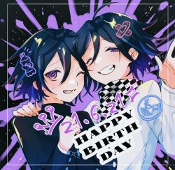 Rule 34 | 2boys, ahoge, black background, blue hair, blush, checkered clothes, checkered neckwear, checkered scarf, commentary request, danganronpa (series), danganronpa v3: killing harmony, dated, dual persona, face-to-face, grin, hand up, hands up, happy birthday, hara pan-kun, jacket, looking at viewer, male focus, medium hair, multiple boys, official alternate costume, one eye closed, open mouth, oma kokichi, purple background, purple eyes, scarf, smile, upper body, white jacket