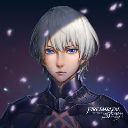 Rule 34 | 1boy, armor, blue eyes, byleth (fire emblem), byleth (male) (fire emblem), fire emblem, fire emblem: three houses, hair ornament, looking at viewer, male focus, nintendo, short hair, simple background, solo, upper body, w2398510474, white background, white hair