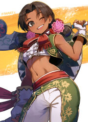 Rule 34 | 1girl, bow, bowtie, club (weapon), crop top, dark-skinned female, dark skin, dual wielding, fingerless gloves, flower, gloves, hair flower, hair ornament, hat, highres, holding, kuroi susumu, lily hawk, mexican clothes, navel, official alternate costume, official alternate hairstyle, one eye closed, open mouth, over shoulder, pogamoggan, smile, solo, sombrero, stomach, street fighter, street fighter 6, teeth, twintails, upper teeth only, vest, weapon, weapon over shoulder