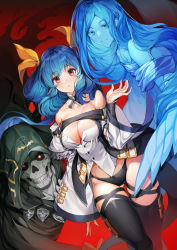 Rule 34 | 1boy, 2girls, absurdres, asymmetrical wings, bare shoulders, belt, black legwear, black panties, blue eyes, blue hair, blush, breasts, buttons, choker, cleavage, cleavage cutout, clothing cutout, detached sleeves, dizzy (guilty gear), fingernails, glowing, glowing eyes, gluteal fold, guilty gear, guilty gear xrd, hair between eyes, hair ribbon, hair rings, highres, hip bones, large breasts, long hair, looking at viewer, midriff, monster girl, multiple girls, navel, necro (guilty gear), open mouth, panties, puchipu, red background, red eyes, ribbon, sharp fingernails, shirt, skindentation, skull, tail, tail ornament, tail ribbon, thick thighs, thigh gap, thigh strap, thighhighs, thighs, twintails, underwear, undine (guilty gear), white shirt, wings, yellow ribbon
