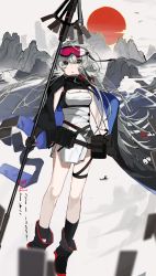 Rule 34 | 1girl, absurdres, arknights, black cape, black footwear, black gloves, black socks, blue eyes, boots, breasts, cape, cleavage, commentary request, eyebrows hidden by hair, gloves, goggles, goggles on head, grey hair, hair between eyes, hi yuuga, highres, holding, holding polearm, holding weapon, long hair, looking at viewer, medium breasts, mountain, mulberry (arknights), parted lips, polearm, red sun, single sock, socks, solo, spear, very long hair, weapon