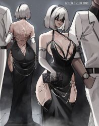 Rule 34 | 1boy, 1girl, 2b (nier:automata), aelion draws, ass, backless dress, backless outfit, bag, black blindfold, black dress, black footwear, black hairband, blindfold, boots, breasts, butt crack, chain, commentary, criss-cross back-straps, dress, english commentary, evening gown, formal, gold chain, hairband, halter dress, halterneck, handbag, highres, hip vent, holding, holding bag, large breasts, meme attire, modakawa dress, mole, mole under mouth, multiple views, nier:automata, nier (series), paid reward available, parted lips, patreon username, short hair, simple background, smile, suit, thigh boots, tight clothes, tight dress, watch, white hair, white suit, wristwatch
