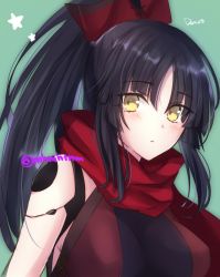 Rule 34 | 1girl, black hair, blush, breasts, character name, closed mouth, fate/grand order, fate (series), green background, highres, katou danzou (fate), large breasts, long hair, looking at viewer, mechanical arms, red scarf, scarf, simple background, single mechanical arm, solo, tanaji, twitter username, yellow eyes