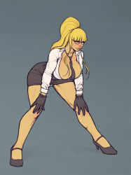 Rule 34 | 1girl, alternate costume, bent over, between breasts, black gloves, black skirt, blonde hair, breasts, cleavage, commentary, english commentary, glasses, gloves, grey background, hands on own knees, high heels, highres, huge breasts, kolin, lips, necktie, necktie between breasts, no bra, nose, open clothes, open shirt, panties, pantyshot, pencil skirt, ponytail, skirt, solo, standing, stepan kovalevich, street fighter, street fighter iii (series), street fighter v, thick thighs, thighs, underwear, white panties