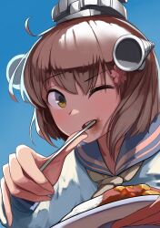 Rule 34 | 1girl, blue sailor collar, brown eyes, brown hair, commentary request, curry, curry rice, dress, eating, food, grey background, grey neckerchief, headgear, highres, kantai collection, neckerchief, one eye closed, rice, sailor collar, sailor dress, sannsogyoraikai, short hair, simple background, solo, speaking tube headset, utensil in mouth, yukikaze (kancolle), yukikaze kai ni (kancolle)