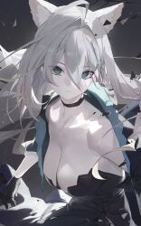 Rule 34 | 1girl, ahoge, animal ear fluff, animal ears, aqua eyes, bare shoulders, black choker, black gloves, blue archive, breasts, bright pupils, choker, cleavage, closed mouth, collarbone, expressionless, floating hair, gloves, grey hair, hair between eyes, hair ornament, halo, highres, long hair, looking at viewer, medium breasts, mismatched pupils, modare, shiroko (blue archive), shiroko terror (blue archive), solo, white pupils, wolf ears, x hair ornament