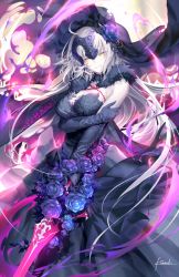 Rule 34 | 1girl, ahoge, alternate hair length, alternate hairstyle, black dress, black gloves, breasts, cape, commentary request, detached collar, dress, elbow gloves, fate/grand order, fate (series), floral print, flower, fur-trimmed cape, fur collar, fur trim, gloves, half-closed eyes, holding, holding own arm, holding sword, holding weapon, jeanne d&#039;arc (fate), jeanne d&#039;arc alter (avenger) (fate), jeanne d&#039;arc alter (fate), kousaki rui, large breasts, long hair, looking at viewer, pale skin, purple flower, purple rose, rose, signature, silver hair, smile, solo, strapless, strapless dress, sword, very long hair, weapon, yellow eyes