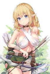 Rule 34 | 1girl, arrow (projectile), bad id, bad pixiv id, bandages, bandaged arm, bandages, bare shoulders, belt, blonde hair, blue eyes, bow (weapon), breasts, choker, cleavage, collarbone, cowboy shot, criss-cross halter, elf, green shorts, halterneck, highres, holding, holding bow (weapon), holding weapon, large breasts, long hair, looking at viewer, midriff, mushpz, navel, original, parted lips, pointy ears, quiver, revealing clothes, short shorts, shorts, sidelocks, signature, solo, stomach, torn clothes, torn shorts, weapon