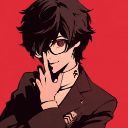 Rule 34 | 1boy, adjusting eyewear, amamiya ren, black-framed eyewear, brown eyes, brown hair, chevron (symbol), commentary, english commentary, finger to face, glasses, high contrast, jacket, long sleeves, looking at viewer, male focus, moshimoshibe, patch, persona, persona 5, persona 5 the royal, portrait, red background, school uniform, shuujin academy school uniform, simple background, smile, solo, texture, turtleneck, upper body, wavy hair