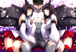 Rule 34 | 10s, 12.7cm twin high-angle gun mount, 1boy, 2girls, admiral (kancolle), bare shoulders, black hair, blush, breasts, cannon, cherry blossoms, detached sleeves, faceless, faceless male, fairy (kancolle), fusou (kancolle), girl sandwich, hair ornament, hat, hisakawa chin, jacket, japanese clothes, kantai collection, large breasts, long hair, military, military uniform, multiple girls, naval uniform, no eyes, nontraditional miko, obi, panties, pants, pantyshot, peaked cap, petals, red eyes, sandwiched, sash, shaded face, short hair, sitting, skirt, smile, turret, underwear, uniform, upskirt, white panties, yamashiro (kancolle)