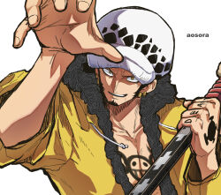 Rule 34 | 1boy, aosora2823, artist name, black hair, chest tattoo, commentary request, earrings, facial hair, finger tattoo, fur hat, goatee, hand tattoo, hat, highres, holding, holding sword, holding weapon, jewelry, male focus, one piece, open clothes, open mouth, short hair, sideburns, simple background, smile, solo, sword, tattoo, teeth, trafalgar law, weapon, white background, yellow eyes