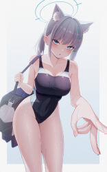 Rule 34 | 1girl, animal ear fluff, animal ears, bag, black one-piece swimsuit, blue archive, blue eyes, breasts, can zhu, competition swimsuit, covered navel, cross hair ornament, extra ears, feet out of frame, foreshortening, grey hair, hair ornament, halo, highres, leaning forward, looking at viewer, low ponytail, medium breasts, medium hair, mismatched pupils, multicolored clothes, multicolored swimsuit, official alternate costume, one-piece swimsuit, shiroko (blue archive), shiroko (swimsuit) (blue archive), solo, swimsuit, wolf ears