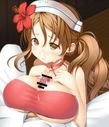 Rule 34 | 10s, 1boy, 1girl, admiral (kancolle), after paizuri, asamura hiori, bad id, bad pixiv id, bar censor, bikini, breasts, breasts squeezed together, brown eyes, brown hair, censored, cum, cum on body, cum on breasts, cum on clothes, cum on upper body, facial, flower, hair flower, hair ornament, halterneck, hat, hetero, hibiscus, indoors, kantai collection, large breasts, littorio (kancolle), long hair, no pupils, paizuri, paizuri under clothes, penis, ponytail, side ponytail, smile, solo focus, sweat, swimsuit, wavy hair