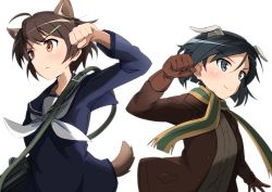 Rule 34 | 2girls, absurdres, animal ears, black eyes, black hair, blouse, blue sailor collar, blue shirt, brave witches, brown eyes, brown gloves, brown hair, brown jacket, carrying, clenched hand, closed mouth, dog ears, dog tags, fringe trim, frown, gloves, green scarf, gun, hair ornament, hairclip, highres, holding, holding gun, holding weapon, jacket, kanno naoe, karibuchi hikari, long sleeves, looking to the side, multiple girls, open clothes, open jacket, orange scarf, sailor, sailor collar, scarf, shirt, short hair, simple background, smile, strike witches, tricky 46, weapon, white background, white neckwear, world witches series
