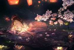 Rule 34 | 1girl, absurdres, bad id, bad pixiv id, black hair, cherry blossoms, closed mouth, closed eyes, facing viewer, highres, long hair, original, partially submerged, rokku, sky lantern, solo, water