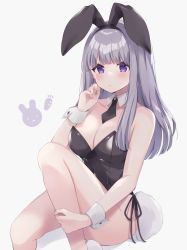Rule 34 | 1girl, animal ears, bare legs, black leotard, black necktie, breasts, bunny day, cleavage, commentary request, detached collar, fake animal ears, feet out of frame, grey hair, highres, large breasts, leotard, long hair, looking at viewer, momokari, necktie, original, playboy bunny, purple eyes, rabbit ears, rabbit tail, simple background, sitting, solo, strapless, strapless leotard, tail, white background, wrist cuffs