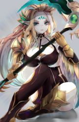 Rule 34 | 1girl, absurdres, asima, black thighhighs, blonde hair, breasts, cappu, cleavage, elf, forehead tattoo, gloves, green eyes, grey background, highres, long hair, looking at viewer, multicolored hair, pointy ears, scar, scar across eye, scar on face, scythe, single thighhigh, sitting, solo, streaked hair, summoners war, thighhighs, white hair, yellow gloves