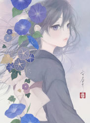 Rule 34 | 1girl, absurdres, black hair, black kimono, blue flower, closed mouth, commentary, floating hair, flower, flower request, from behind, hair between eyes, hair flower, hair ornament, highres, japanese clothes, kimono, leaf, long hair, looking at viewer, looking back, obi, obiage, original, purple eyes, purple flower, sash, seal impression, signature, solo, upper body, ushiyama ame