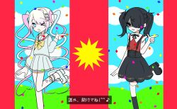 Rule 34 | &gt; o, 2girls, ame-chan (needy girl overdose), black eyes, black hair, black ribbon, black skirt, blue bow, blue eyes, blue hair, blue serafuku, blue sky, bow, chouzetsusaikawa tenshi-chan, cloud, collared shirt, commentary request, confetti, dancing, derivative work, dual persona, feet out of frame, hair bow, hair ornament, hair over one eye, hand up, highres, index finger raised, long hair, long sleeves, looking at viewer, lyrics, mesmerizer (vocaloid), multicolored hair, multiple girls, multiple hair bows, neck ribbon, needy girl overdose, one eye closed, open mouth, pink bow, pink hair, purple bow, quad tails, rectangle (rk0 0tan), red shirt, ribbon, sailor collar, school uniform, serafuku, shaded face, shirt, skirt, sky, smile, standing, standing on one leg, suspender skirt, suspenders, translation request, twintails, vocaloid, x hair ornament