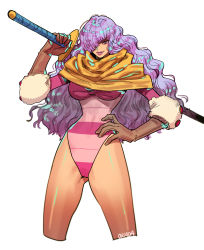 Rule 34 | 1girl, absurdres, breasts, brown gloves, charlotte smoothie, cowboy shot, cropped legs, gloves, hair over one eye, hand on own hip, highleg, highleg leotard, highres, holding, holding sword, holding weapon, large breasts, leotard, long hair, okada (hoooojicha), one piece, purple hair, purple leotard, simple background, solo, striped clothes, striped leotard, sword, weapon, white background