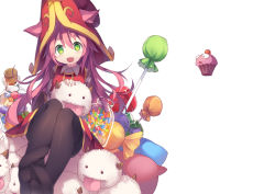 Rule 34 | 1girl, animal ears, black thighhighs, candy, candy jar, cat ears, dress, fang, food, fred04142, green eyes, hat, horns, kedama (touhou), league of legends, lollipop, long hair, looking at viewer, lulu (league of legends), muffin, open mouth, pink hair, red dress, simple background, sitting, smile, solo, thighhighs, touhou, very long hair, white background