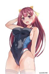 1girl arm_behind_head black_one-piece_swimsuit blue_one-piece_swimsuit blush bow breasts collarbone competition_swimsuit covered_navel cowboy_shot hair_bow hair_ribbon highres kamikaze_(kancolle) kantai_collection long_hair looking_at_viewer medium_breasts mizuki_(uzuki_no_sato) multicolored_clothes multicolored_swimsuit one-piece_swimsuit open_mouth purple_eyes purple_hair ribbon smile solo swimsuit thighhighs twitter_username two-tone_one-piece_swimsuit two-tone_swimsuit white_background white_thighhighs yellow_bow yellow_ribbon