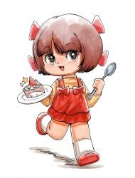 Rule 34 | 1girl, black jack (series), bow, brown eyes, brown hair, cake, cake slice, dress, food, fruit, full body, hair bow, highres, holding, holding plate, holding spoon, long sleeves, looking ahead, multiple hair bows, oldkin, open mouth, pinafore dress, pinoko, plate, red bow, red dress, red footwear, shirt, short hair, simple background, sleeveless, sleeveless dress, socks, solo, spoon, star (symbol), star in eye, strawberry, strawberry shortcake, symbol in eye, traditional media, walking, white background, white socks, yellow shirt