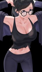 Rule 34 | 1girl, adjusting hair, armpits, arms up, black background, black hair, black shirt, breasts, cleavage, closed mouth, collarbone, commentary, commission, cowboy shot, english commentary, forehead, frown, glasses, highres, large breasts, legs apart, minakata hizuru, mole, mole under eye, mole under mouth, navel, pants, ponytail, purple eyes, rythm sync, shirt, simple background, sleeveless, sleeveless shirt, solo, summertime render