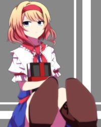 Rule 34 | 1girl, alice margatroid, arm garter, bad id, bad pixiv id, blonde hair, blue dress, blue eyes, book, boots, brown footwear, capelet, dress, foreshortening, frills, grimoire of alice, hairband, holding, holding book, looking at viewer, neck ribbon, puffy short sleeves, puffy sleeves, red ribbon, ribbon, short hair, short sleeves, sitting, solo, touhou, you (noanoamoemoe)