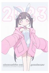 Rule 34 | 1girl, 2023, animal ears, bare legs, bare shoulders, black hair, bow, bowtie, chinese zodiac, detached collar, earrings, fake animal ears, hair ornament, hair tie, hairclip, highres, jacket, jewelry, leotard, long hair, long sleeves, looking at viewer, off shoulder, open clothes, open jacket, original, pink bow, pink bowtie, pink jacket, playboy bunny, rabbit ears, single earring, sleeves past wrists, solo, strapless, strapless leotard, twintails, verystrongradiowave, year of the rabbit