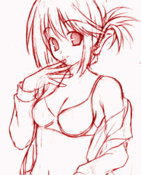 Rule 34 | 00s, 1girl, bare shoulders, bra, breasts, cleavage, folded ponytail, hair ornament, hair up, hairclip, hand to own mouth, komaki manaka, lingerie, lowres, midriff, monochrome, navel, off shoulder, open clothes, open shirt, shirt, sketch, solo, to heart (series), to heart 2, underwear, undressing, yuki (white garden)