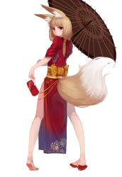 Rule 34 | 1girl, animal ears, bare legs, barefoot, brown hair, fox ears, fox tail, full body, geta, highres, holding, holding shoes, japanese clothes, long hair, looking at viewer, looking back, multiple tails, oil-paper umbrella, original, pelvic curtain, red eyes, sandals, shoes, simple background, single shoe, sola7764, soles, solo, tail, umbrella, white background